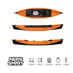 Orange and black Neris Smart single-seat kayak shown from top and side views. Dimensions and specs displayed: 13.29 ft length, 2.95 ft width, weight 22.05 lb, maximum load 441 lb, one seat.