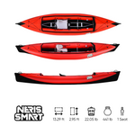 Red and black Neris Smart single-seat kayak shown from top and side views. Dimensions and specs displayed: 13.29 ft length, 2.95 ft width, weight 22.05 lb, maximum load 441 lb, one seat.
