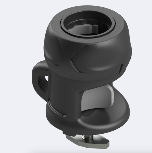 Compact black BORIKA lock designed for secure installation on a C-shaped profile (FS218), featuring a robust clamping mechanism and easy-mount base.