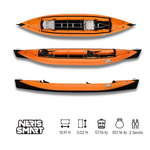 Orange and black Neris Smart foldable touring kayak with two seats, shown from top and side views.