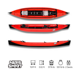 Red and black Neris Smart foldable touring kayak with two seats, shown from top and side views.