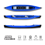 Blue and black Neris Smart Pro foldable touring kayak with two seats, shown from top and side views.