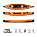 Orange and black Neris Smart Pro foldable touring kayak with two seats, shown from top and side views. Dimensions and specs: 17.55 ft length, 2.82 ft width, 58.2 lb weight, maximum load 551.16 lb, two seats.