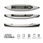 White and black Neris Smart Pro foldable touring kayak with two seats, shown from top and side views. Dimensions and specs: 17.55 ft length, 2.82 ft width, 58.2 lb weight, maximum load 551.16 lb, two seats.
