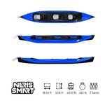 This is a neris smart, 3 person kayak, blue top and black bottom.