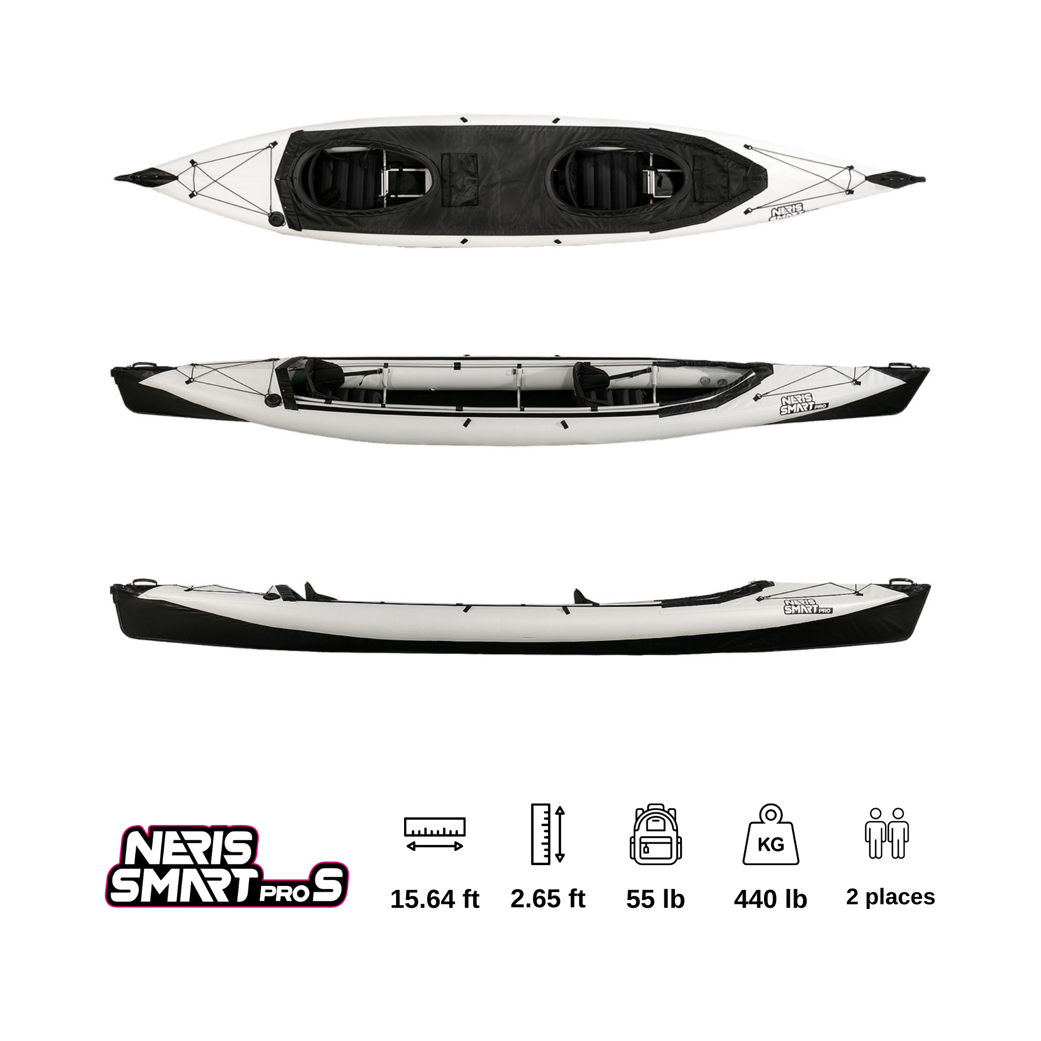 Neris Tandem Pro is a two-seated foldable kayak. This one is available in white and black. The upper part is white, while the bottom one is black.