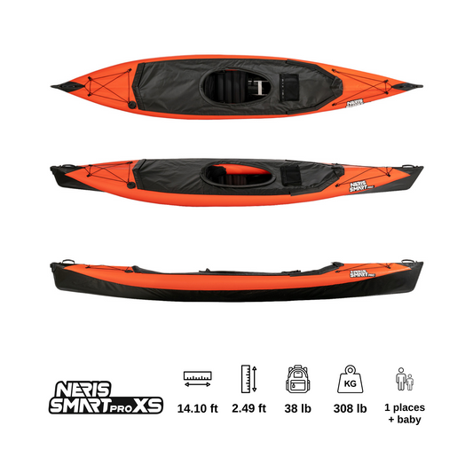 Neris Smart Pro XS Foldable Kayak for One Person. Orange top, black bottom.