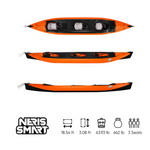 Neris smart kayak for three people, orange top, black bottom