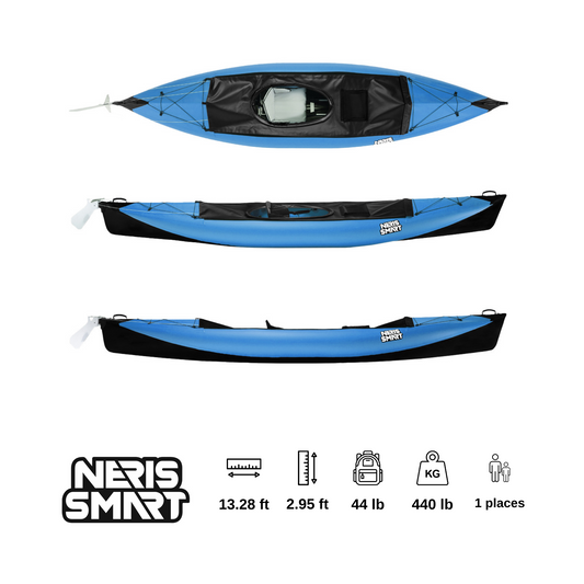 A single-person NERIS Smart folding kayak with a vibrant blue top, designed for individual paddling adventures.