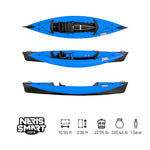 Blue and black Neris Smart Mini single-seat kayak shown from top and side views. Dimensions and specs displayed: 10.50 ft length, 2.36 ft width, weight 22.05 lb, maximum load 220.46 lb, one seat.