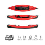 A compact NERIS Smart Mini folding kayak with a red top, tailored for the convenience of solo kayakers
