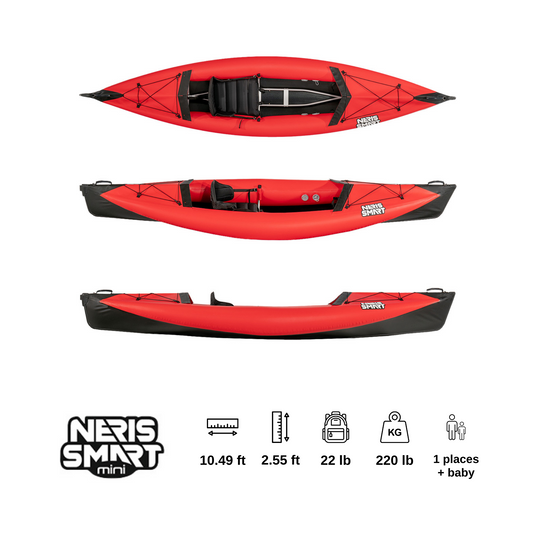 A compact NERIS Smart Mini folding kayak with a red top, tailored for the convenience of solo kayakers