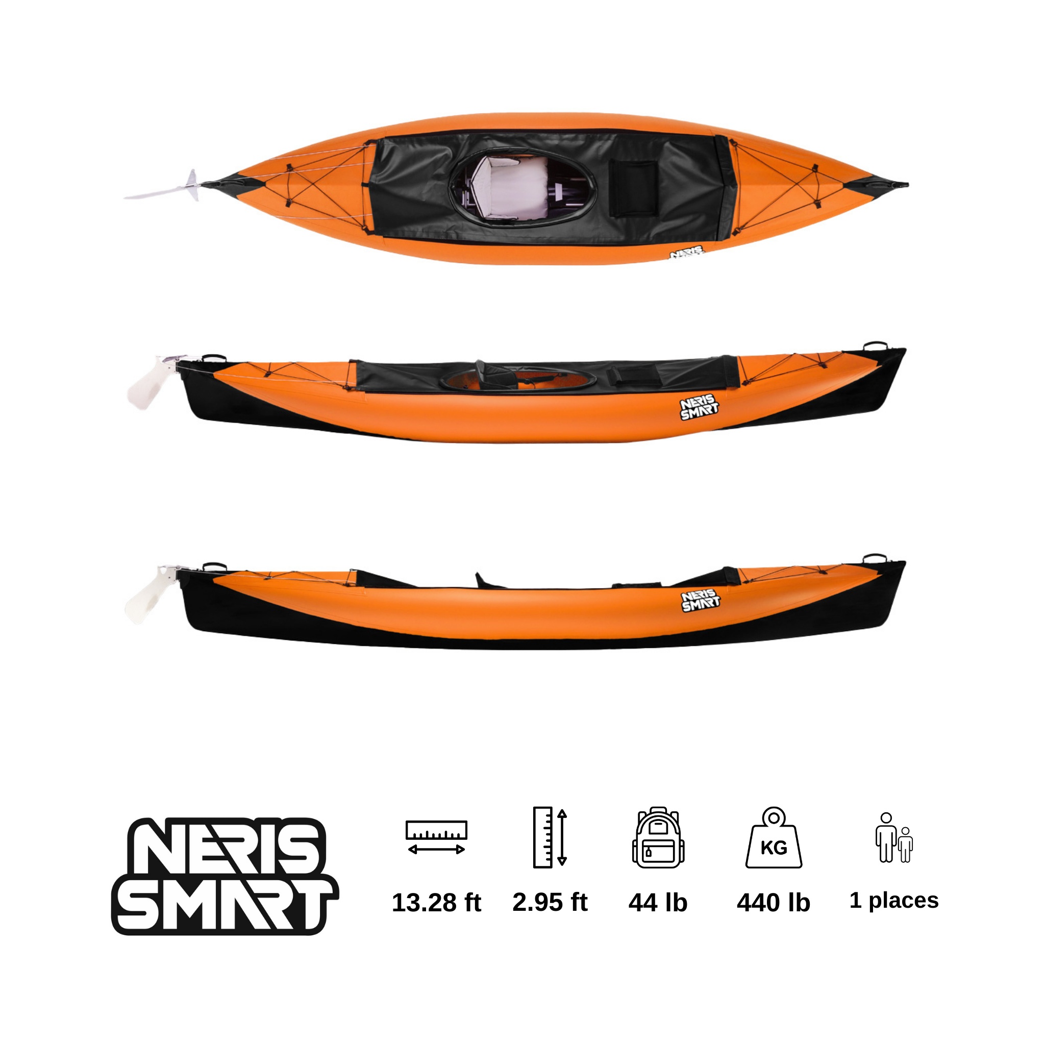 Neris smart one foldable kayak for one person. Orange top, black bottom.