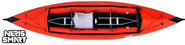 Neris smart one folding kayak for one person. Red top, black bottom.