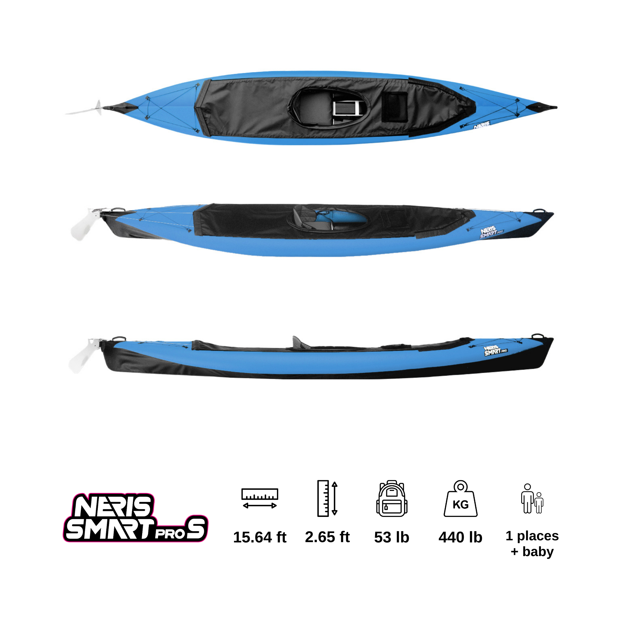 A NERIS Smart Pro folding kayak for one person, outfitted with a blue top, offering a seamless blend of functionality and design for solo expeditions