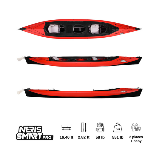 This is a Neris smart pro tandem kayak, red top, black bottom