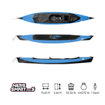 Blue and black Neris Smart Pro S single-seat kayak shown from top and side views. Dimensions and specs displayed: 15.65 ft length, 2.66 ft width, weight 55.56 lb, maximum load 440.92 lb, one seat.