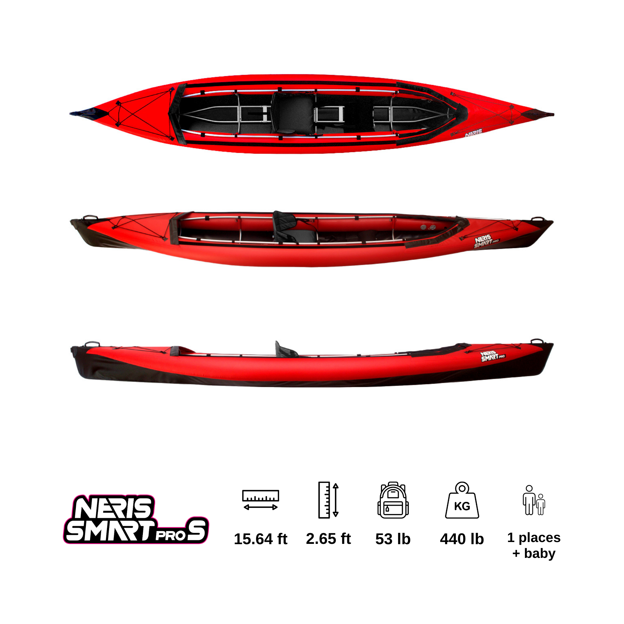 A NERIS Smart Pro S folding kayak designed for one person, featuring a sleek red top, merging high performance with solo paddling flexibility
