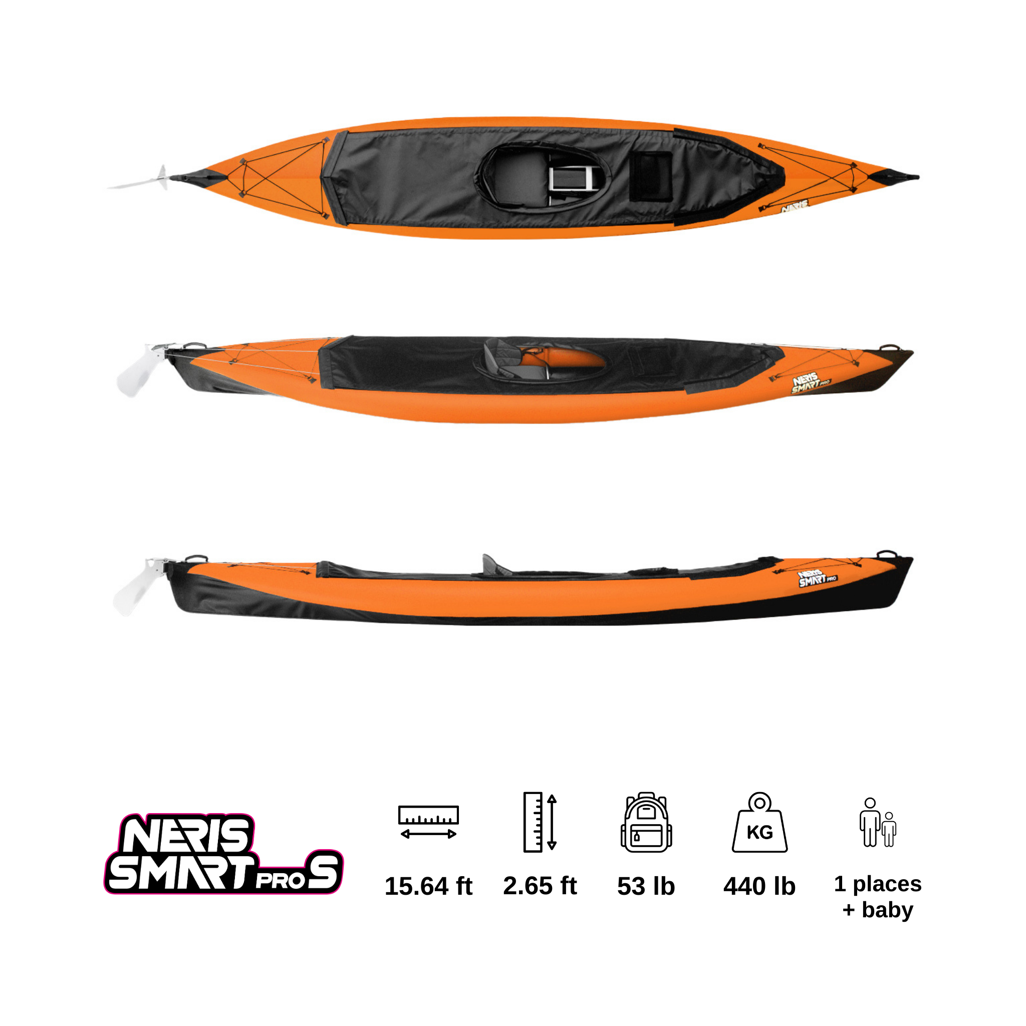 A NERIS Smart Pro S single-seater folding kayak with an eye-catching orange top, perfect for individual adventurers seeking a balance of performance and convenience