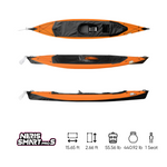 A NERIS Smart Pro S single-seater folding kayak with an eye-catching orange top, perfect for individual adventurers seeking a balance of performance and convenience