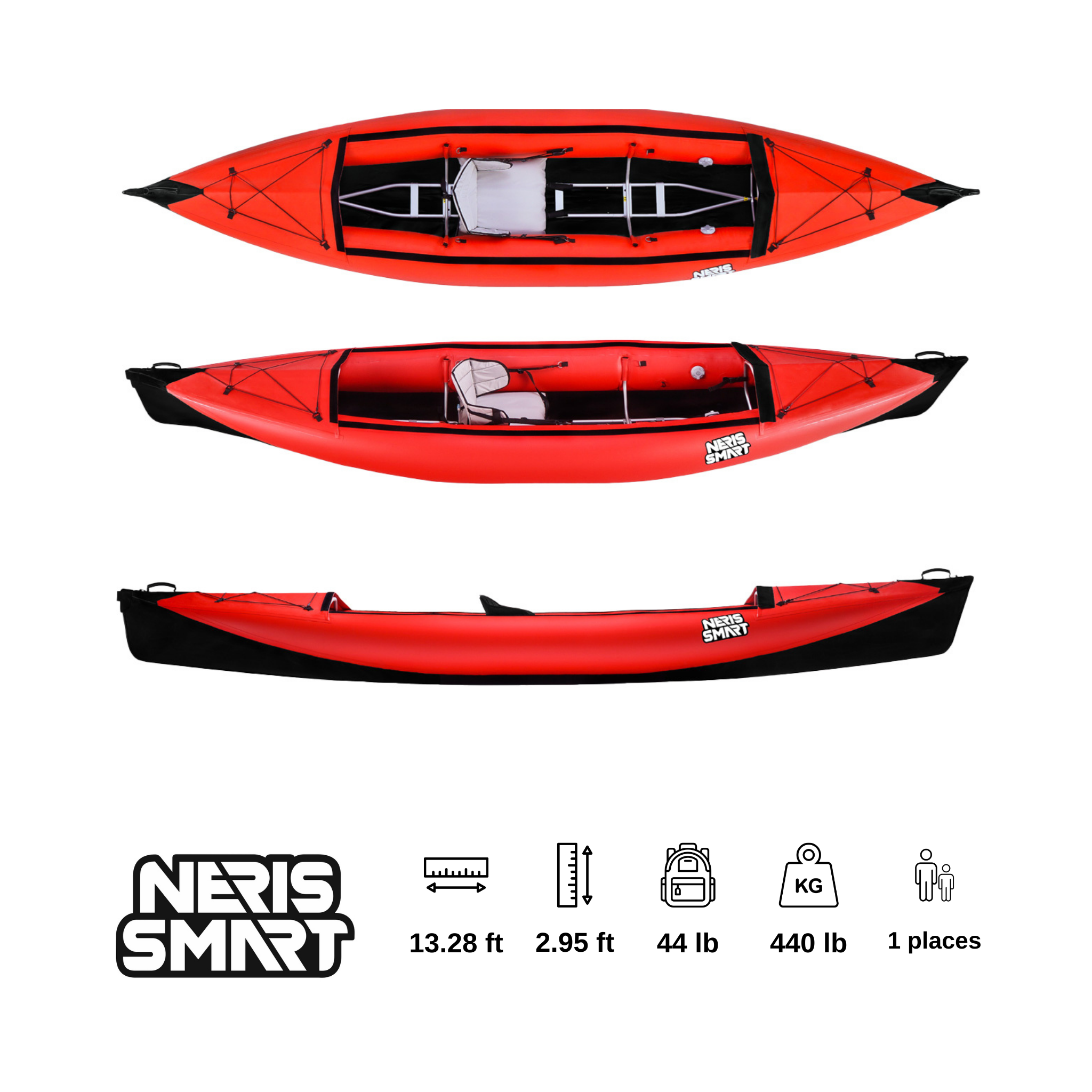 A single-seater NERIS Smart folding kayak featuring a striking red top, combining portability and style for solo paddlers.