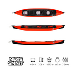 This is a three person folding kayak, red top, black bottom.