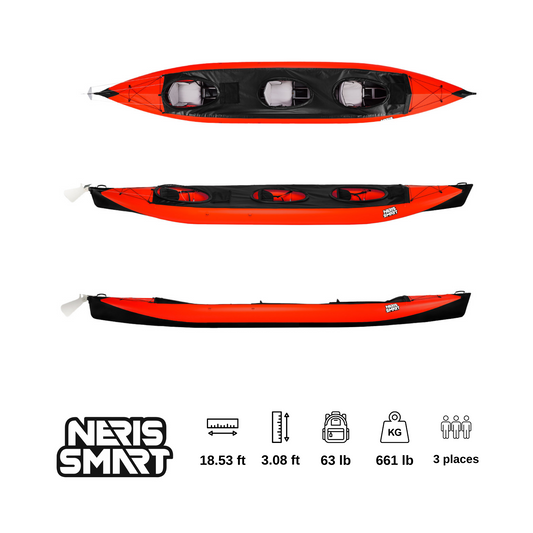 This is a three person folding kayak, red top, black bottom.