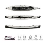 White and black Neris Smart Pro S single-seat kayak shown from top and side views. Dimensions and specs displayed: 15.65 ft length, 2.66 ft width, weight 55.56 lb, maximum load 440.92 lb, one seat.